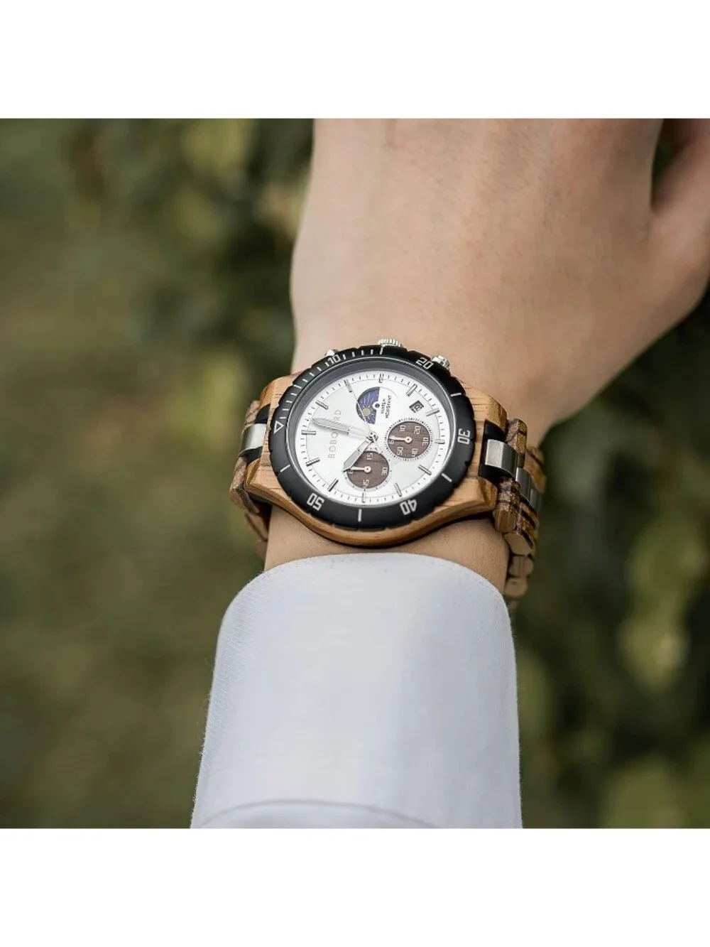 Men's Silver Stainless Steel Chronograph Sandalwood Alloy Quartz Wooden Watch